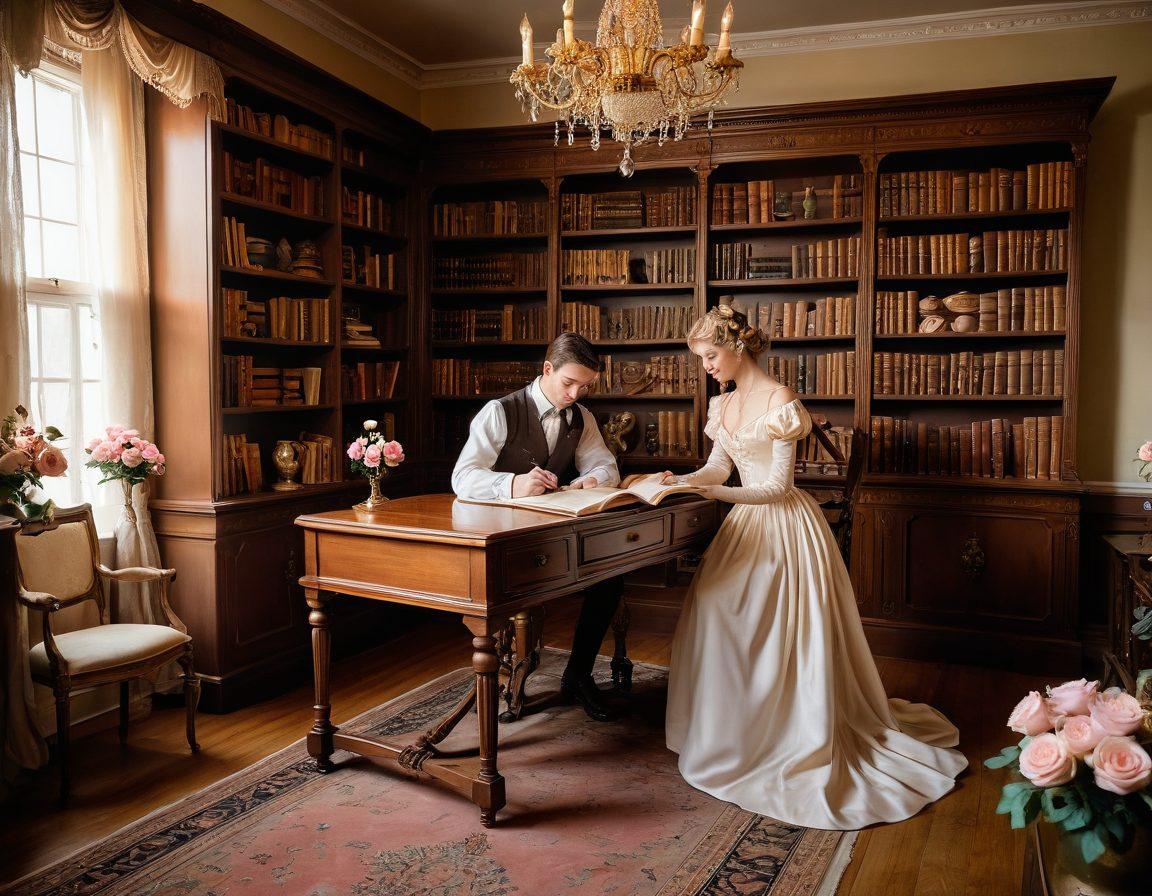 A whimsical scene depicting a vintage library filled with classic books on romance and erotic literature, bathed in warm golden light. An antique desk with an open book featuring illustrations of courtship rituals, surrounded by roses and a vintage inkwell. An elegant couple in period attire exchanging flirtatious glances, capturing the essence of timeless romance. soft, dreamy, pastel colors. painting.