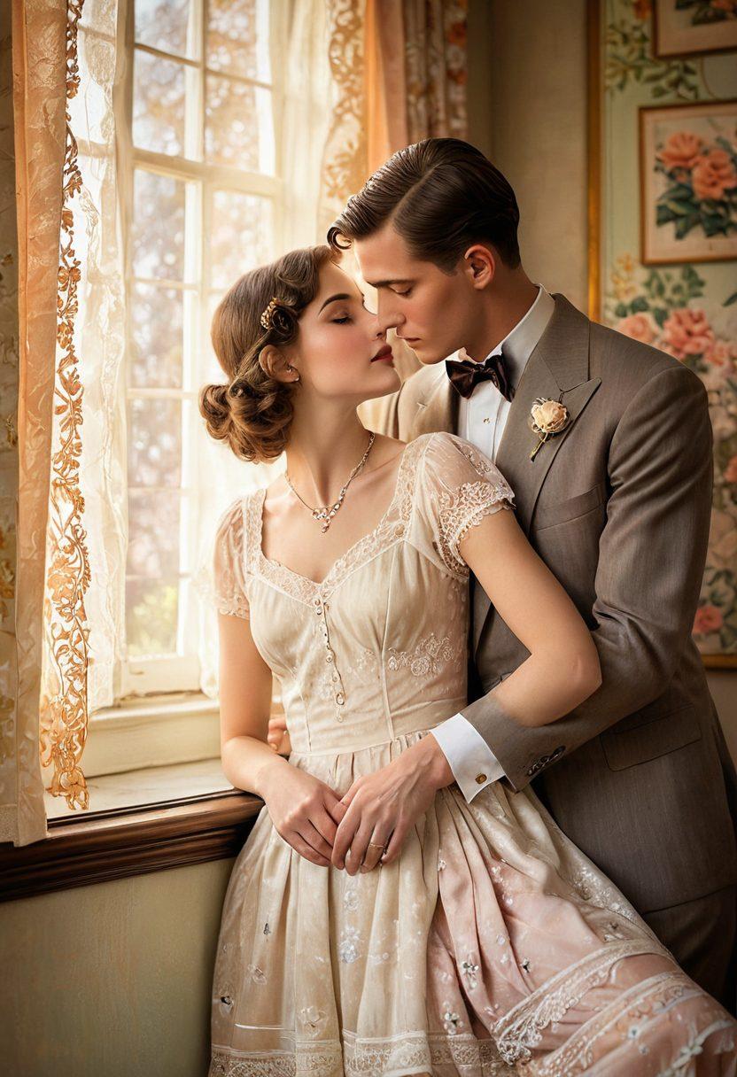 A whimsical scene featuring a couple dressed in elegant vintage fashion from the 1920s, surrounded by soft, warm lighting and floral accents. The couple shares an intimate moment, their eyes locked in a tender gaze, showcasing the charm of romance. The background includes vintage posters and delicate lace curtains to enhance the nostalgic feel. Incorporate subtle pastel colors to evoke a dreamy atmosphere. painting. vintage aesthetic. warm tones.
