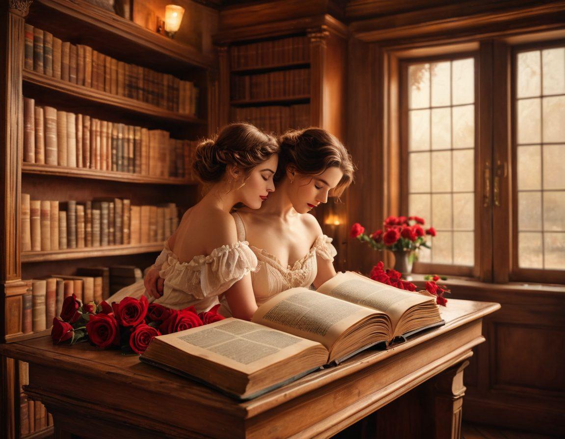 An enchanting library filled with vintage books on the shelves, featuring a couple engaged in a flirtatious dance amidst the aisles. Luscious red roses scattered around, creating a romantic atmosphere, with soft golden light illuminating the pages of an open book. Subtle hints of historical figures in the background, celebrating the legacy of erotic literature. textured painting. warm tones. dreamy ambiance.